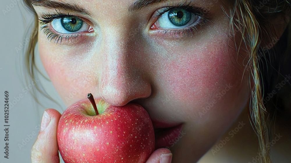 Poster   A close-up of a person biting into an apple