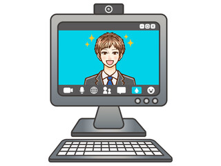 パソコンでWEB会議する大人男性会社員のイラスト素材