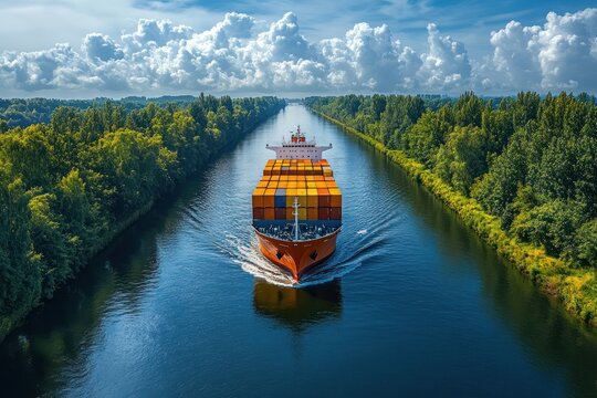 A large container ship navigates a narrow canal, surrounded by lush green trees under a bright blue sky. - Powered by Adobe