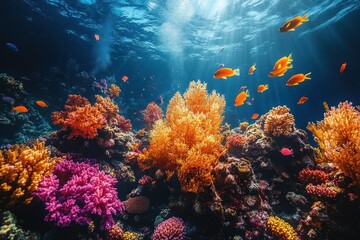 A vibrant underwater scene with colorful coral reefs and fish swimming in the clear blue water.