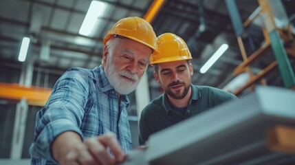 Two construction workers, young and old, are discussing plans while looking at blueprints in a factory.