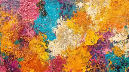   Yellow, blue, red, and pink abstract painting on white background with black border
