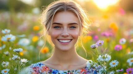 Smiling young woman in floral dress surrounded by colorful flowers in a sunset field