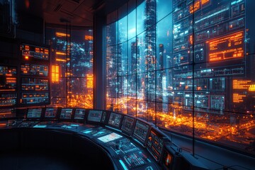 Fototapeta premium A futuristic control room with large windows overlooking a neon cityscape.