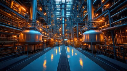 Obraz premium A wide shot inside a modern industrial plant, featuring rows of large, shiny metal tanks and pipes. The factory is illuminated with warm lights, creating a sense of activity and industry.