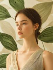 Fototapeta premium Serene portrait of a woman with leafy background in natural light