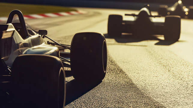 classic Formula 1 cars from the 2020s racing around the tight, trace of Silverstone England. . Sunlight glints off the sleek, polished car bodies as they navigate sharp corners and hairpin turns.