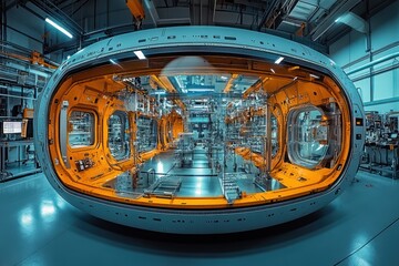 A futuristic, clean, and sterile looking industrial testing chamber with a glass window, illuminated by artificial lights, inside a factory.