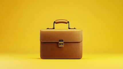 Leather briefcase on yellow background. Minimal idea concept, 3d illustration. 