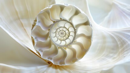 Nautilus shell in an abstract setting, showcasing its intricate spiral design. The shell's geometric pattern is a beautiful display of nature's artistry.