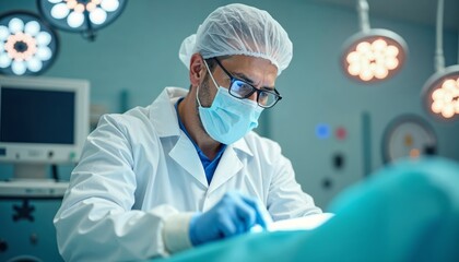 Middle-Aged Caucasian Male Doctor in Surgical Mask Reviewing Medical Documents in Hospital Setting
