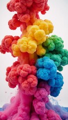 A vibrant rainbow-colored paint explosion featuring swirling fumes and dynamic movement resembling a liquid ink dyed in water