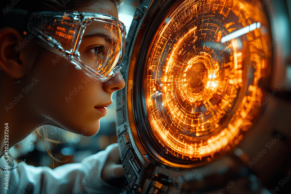 Poster a scientist looking at a machine that allows them to glimpse into alternate dimensions, symbolizing 