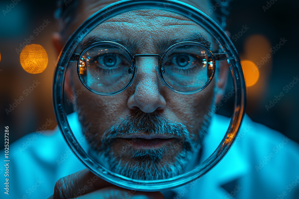 Aufkleber A scientist holding a mirror that shows a different reality, representing the study of parallel worlds. Concept of exploration.