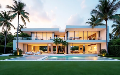 Fototapeta premium a beautiful glossy Modern Two-Story House with Pool and Lush Surroundings