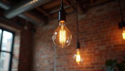 Obraz premium Cozy industrial loft with exposed bulb and brick walls
