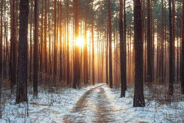 Naklejka premium A sunny winter forest. An idylllic winter landscape in the light of the sun.