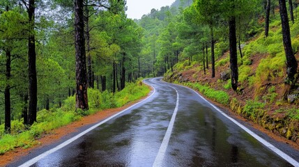 Serene Road Surrounded by Greenery After Rain