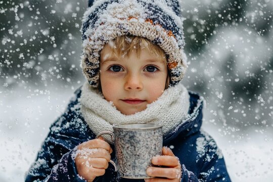 Snowy winter party in a forest with sweet siblings. Boys and brothers drinking tea from thermoses in the cold. Hot drinks and beverages in cold weather.