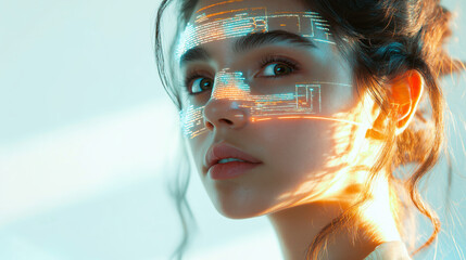 Futuristic facial recognition technology on woman's face with digital hologram interface