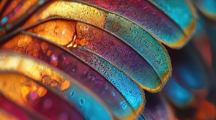   Close-up of a multicolored feather with water droplets on its plumage