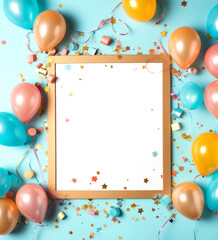 Colorful party frame with balloons and confetti for invitation background