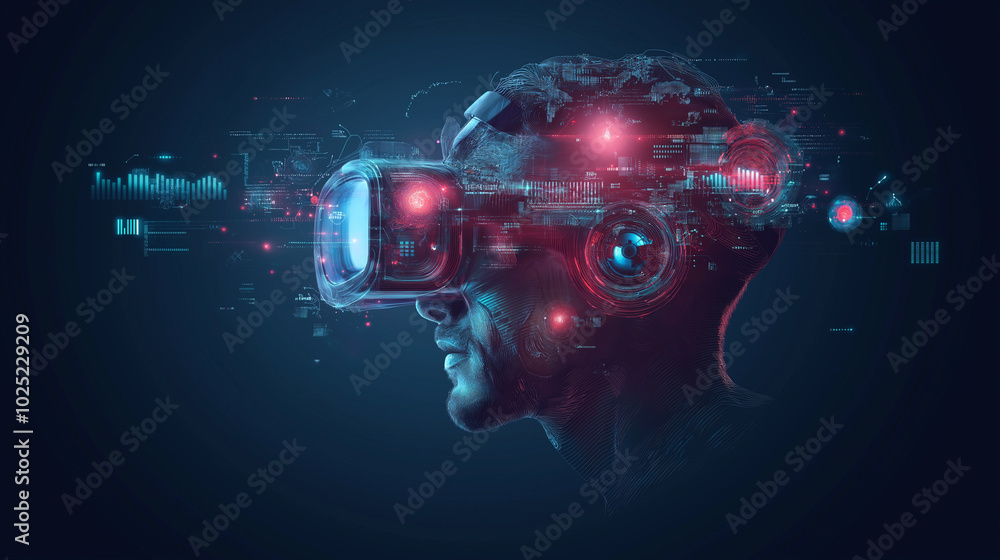 Poster man in vr glasses and with technological background. modern technologies and development of modern s