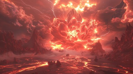 Infernal Blooms: Surreal 3D Illustration of Demonic Flowers in a Fiery Landscape with Cinematic Lightning