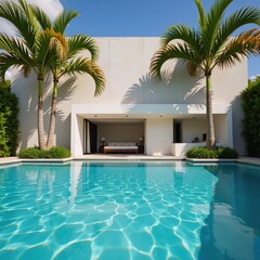 Obraz premium Tropical luxury resort exterior featuring pool and palms outdoor vacation home with product placement