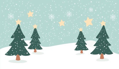 Obraz premium A winter forest landscape for an upcoming Christmas card. Blue sky, snowy trees, snow, stars, a snowy forest. Cartoon illustration at the bottom.