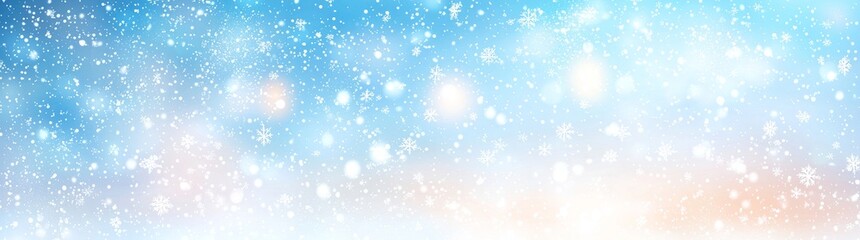 Detailed panorama banner of blue sky and snowflakes on winter background
