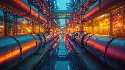 A long row of pipes, illuminated by warm light, running through an industrial complex. The pipes are lined with a narrow canal of water, reflecting the light.