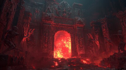 Infernal Temple: 3D Render of Ancient Ruins Consumed by Hellfire, Detailed Demonic Carvings, Cinematic Lightning Effects