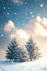Fototapeta premium Postcard with a snowy winter landscape with fir trees.