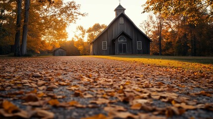 Leaves ground front church fall barn background golden hour scene voice religion summer forgiveness black roof

