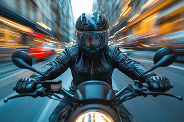 A fast getWriter on his motorbike, motion blur effect, blurred city lights in background, fast and energetic mood. Photo illustration.