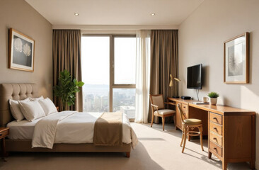 Modern bedroom interior with desk overlooking city