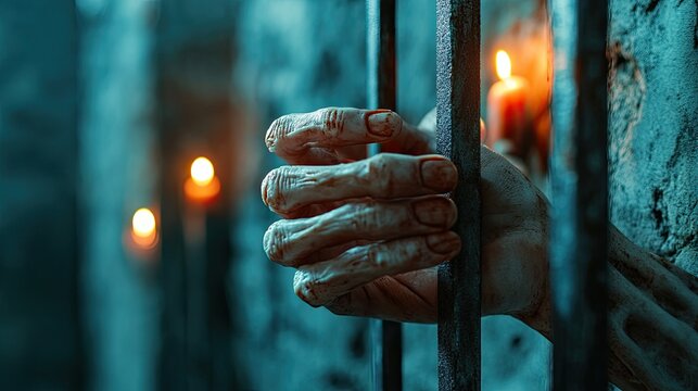 Pale Skeletal Hands Grasping Dungeon Bars