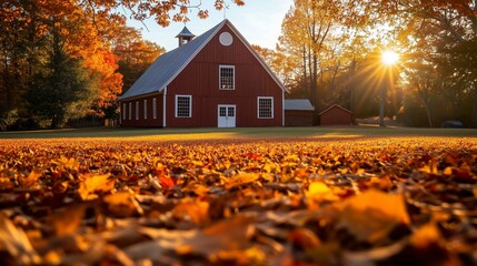 Leaves ground front church fall barn background golden hour scene voice religion summer forgiveness black roof
