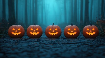 Fototapeta premium Five glowing jack-o'-lanterns line a misty forest path, creating a spooky Halloween atmosphere with their carved faces.