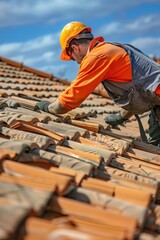 Installation of Tile Roofs by Professional Roofing Construction Worker