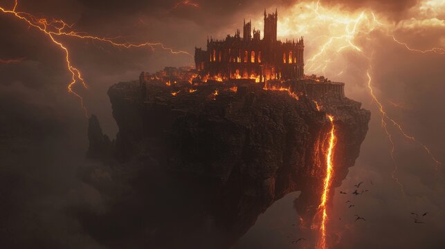 Apocalyptic Castle: Dark Figures in Firestorm - Ultra-Detailed 3D Render Illustration with Cinematic Lightning
