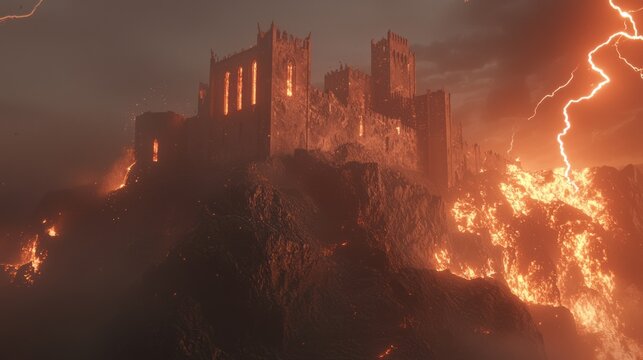 Sinister Castle in Hellish Storm - an Apocalyptic 3D Render with Dark Figures and Cinematic Lightning