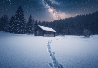 Obraz premium Snow-covered wooden house and starry sky with Milky Way. Winter holiday concept with wooden cabin in the mountains.