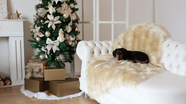 cachorro fofo perto de arvore de natal 