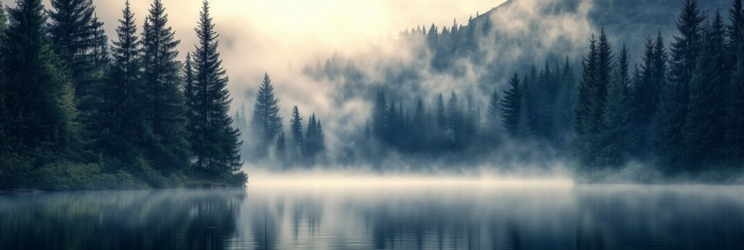 Landscape with a forest lake in the fog.  Foggy weather.  Travel, hike.