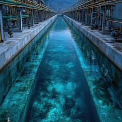 A long, narrow channel of clear blue water runs between concrete walls, with industrial equipment visible on either side.