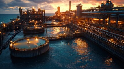 Naklejka premium An industrial complex with large tanks and pipes, illuminated by the setting sun.
