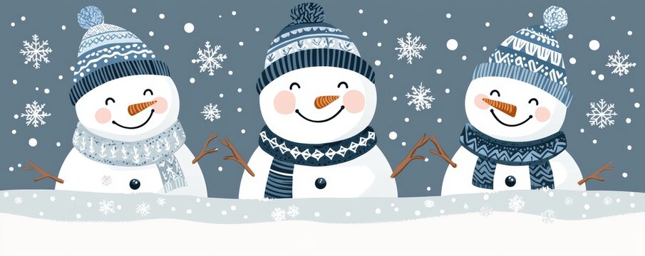 Five different snowmen in blue winter clothing rejoice in winter holidays. Seamless border. Christmas background. Picture can be used as a greeting card template.