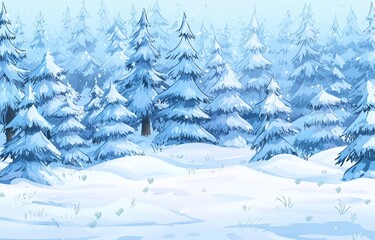 Naklejka premium Winter horizontal landscape with snow capped hills and triangle coniferous trees. Cartoon illustration.